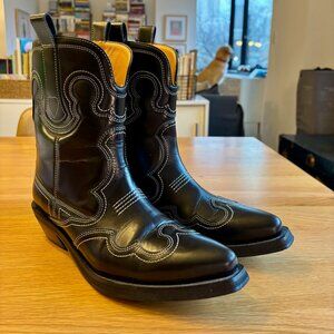 Ganni Black Leather Cowboy Boots Low Shaft